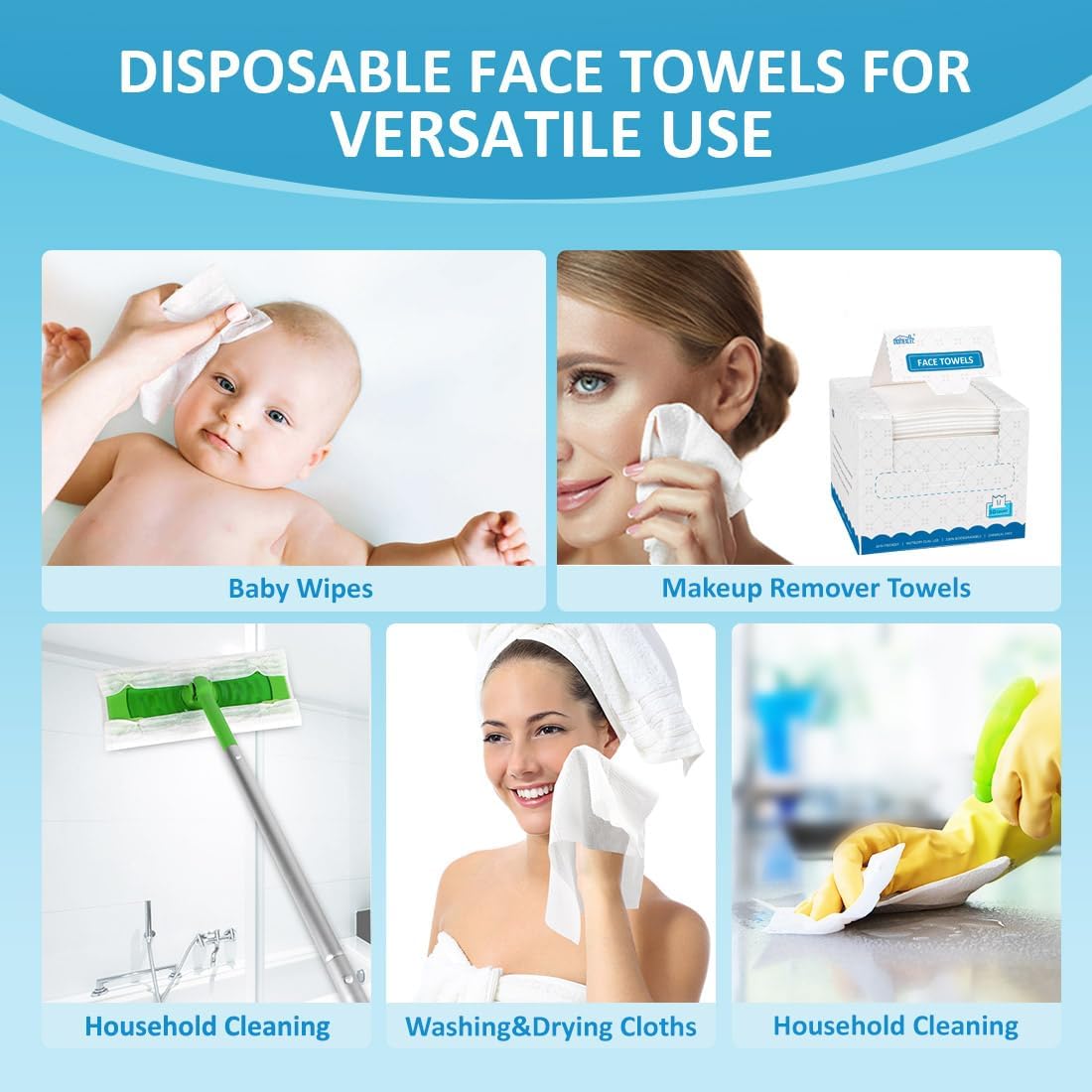 HOMEXCEL Face Towels, 200 Count (4 Box) Disposable Face Towelettes, Biodegradable Makeup Remover Dry Wipes, Super Soft Clean Facial Towels Wash Cloth for Sensitive Skin 7.88x7.88 Inch (Pack of 50, 4 Box)
