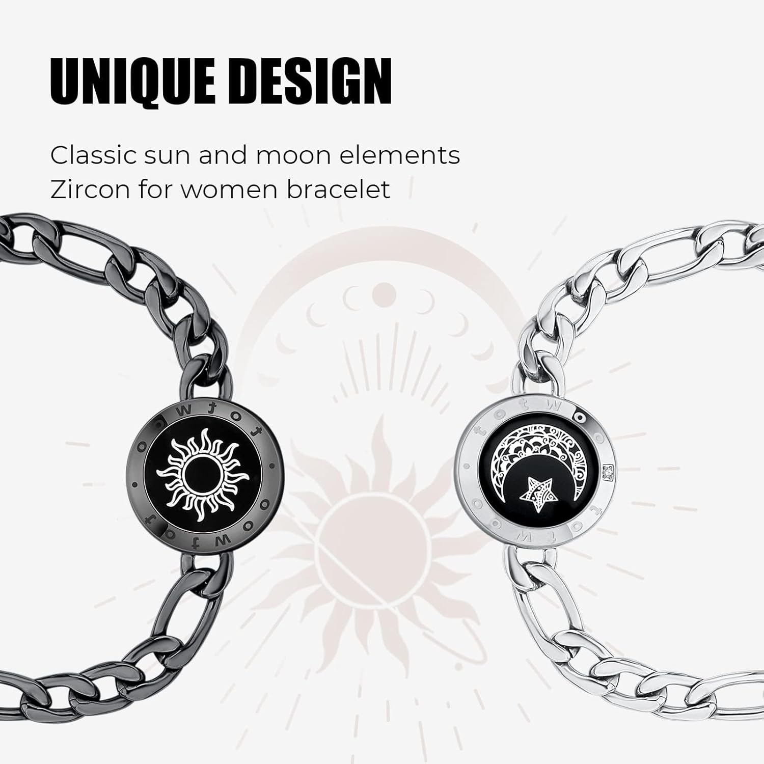 TOTWOO Long Distance Touch Bracelets for Couples, Vibration & Light up for Love Couples Bracelets | Long Distance Relationship Gifts for Girlfriend Bluetooth Pairing Jewelry 4-Figaro Chain/Black Sliver
