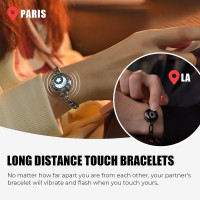 TOTWOO Long Distance Touch Bracelets for Couples, Vibration & Light up for Love Couples Bracelets | Long Distance Relationship Gifts for Girlfriend Bluetooth Pairing Jewelry 4-Figaro Chain/Black Sliver