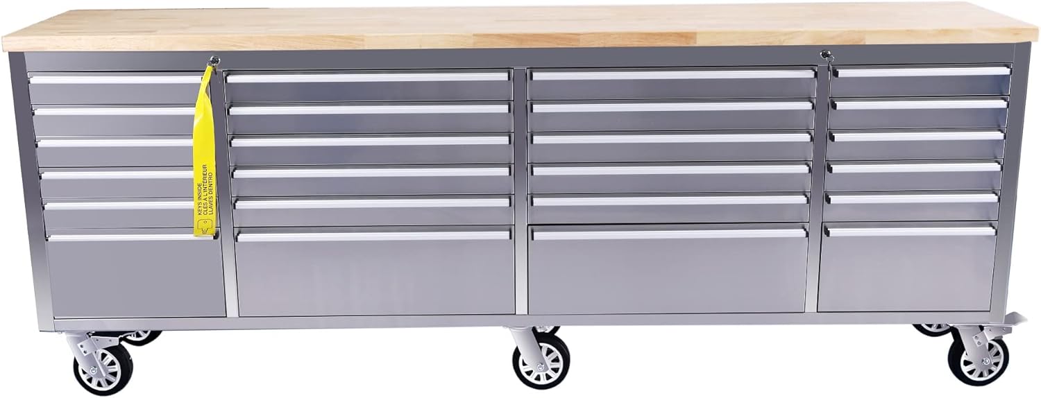 CT 96 Inch Mobile Workbench with 24 Storage Drawers, Rolling Tool Chest, Large Toolbox with Wheels for Garage Silver