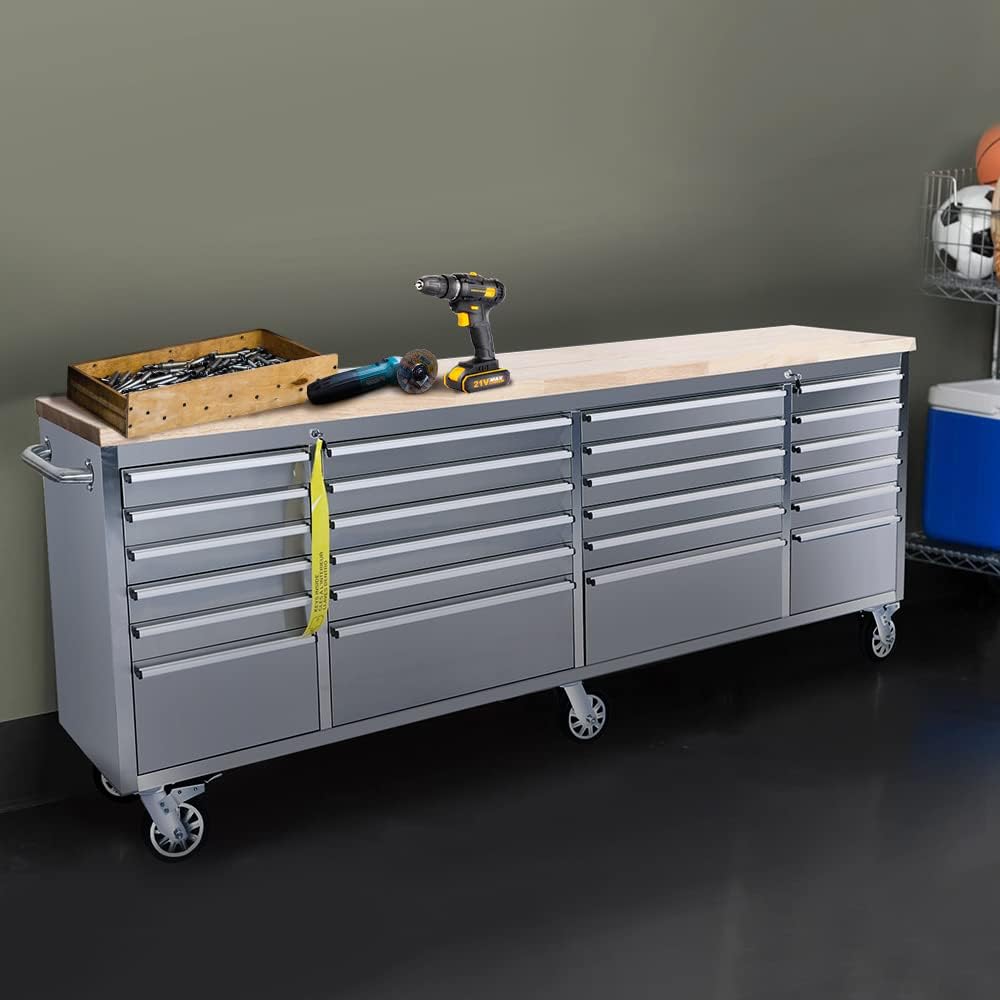 CT 96 Inch Mobile Workbench with 24 Storage Drawers, Rolling Tool Chest, Large Toolbox with Wheels for Garage Silver