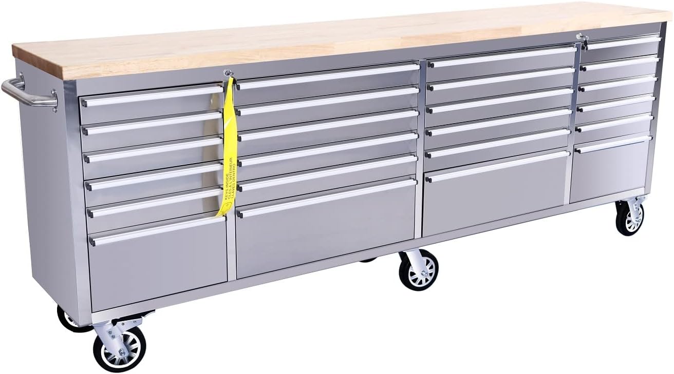 CT 96 Inch Mobile Workbench with 24 Storage Drawers, Rolling Tool Chest, Large Toolbox with Wheels for Garage Silver