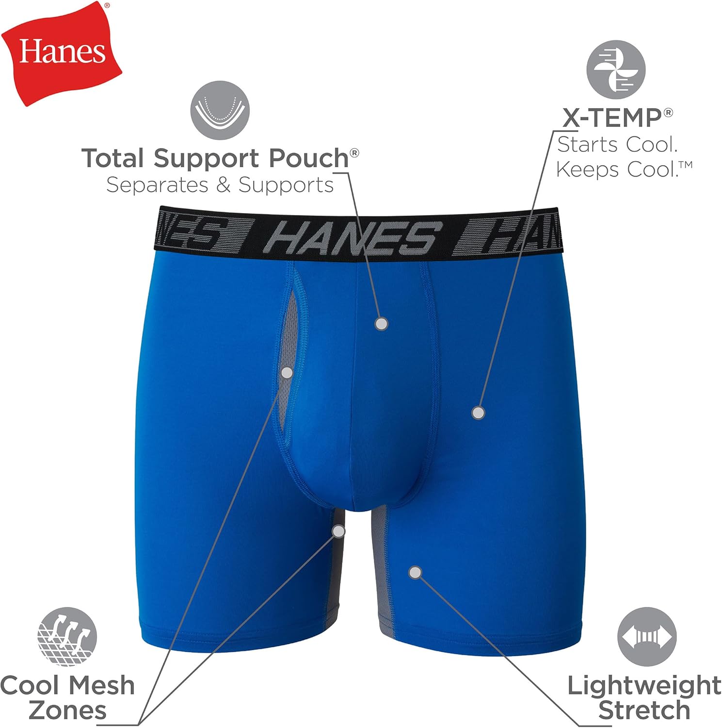 Hanes Men’s Total Support Pouch Boxer Briefs, X-Temp Cooling, Moisture-Wicking Underwear, Regular, Long-leg and Trunk, 3-Pack Regular- 6