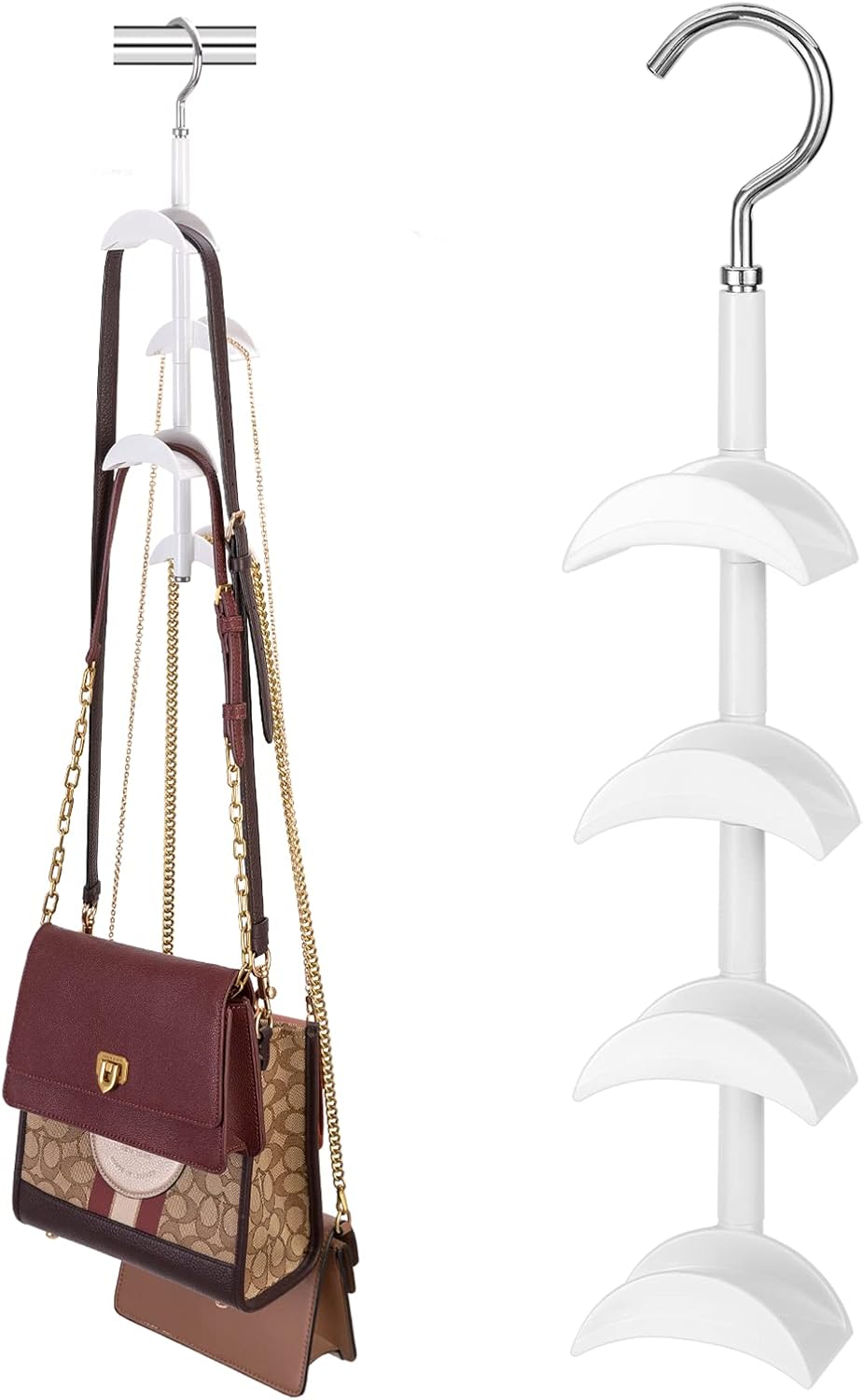 Purse Hanger for Closet - Rotating Handbag Hanging Hook Bag Storage Space Saver with 4 Hooks, Hanging Organizer for Scarf Handbag Belt