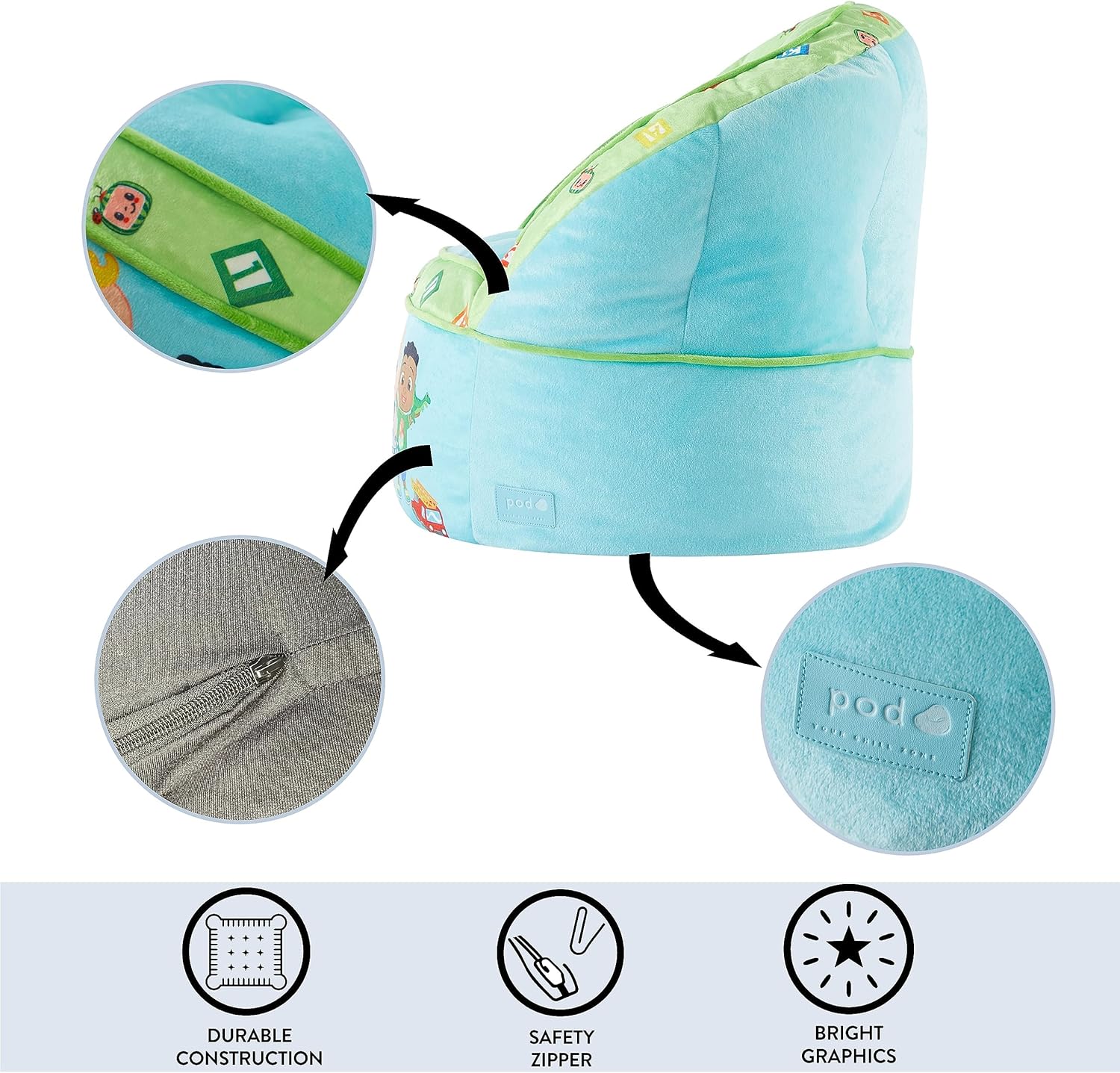 Idea Nuova Cocomelon Blue Round Bean Bag Chair for Kids, Ages 3+, Large