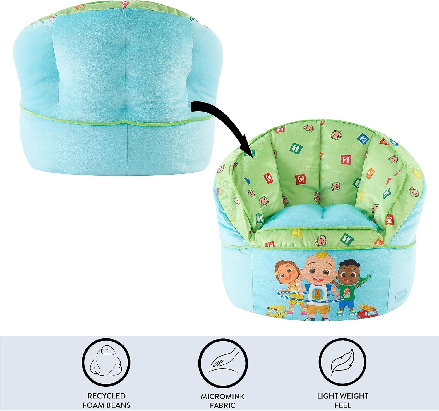 Idea Nuova Cocomelon Blue Round Bean Bag Chair for Kids, Ages 3+, Large