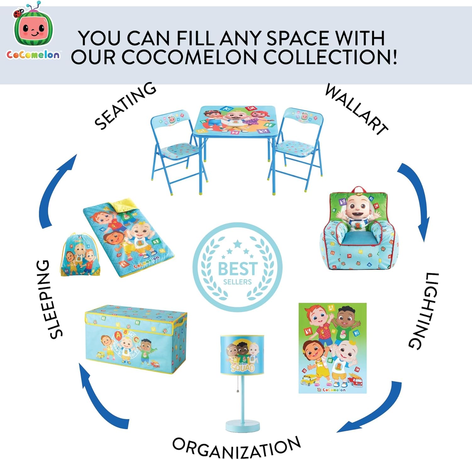 Idea Nuova Cocomelon Blue Round Bean Bag Chair for Kids, Ages 3+, Large