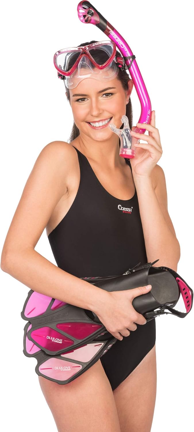 Cressi Adult Snorkel Set (Mask, Dry Snorkel, Adjustable Fins) - Light for Travel - Bonete Pro Dry Set: Designed in Italy Translucent Pink S/M | US Man 4.5/8.5 | US Lady 5/9.5 | EU 36/41