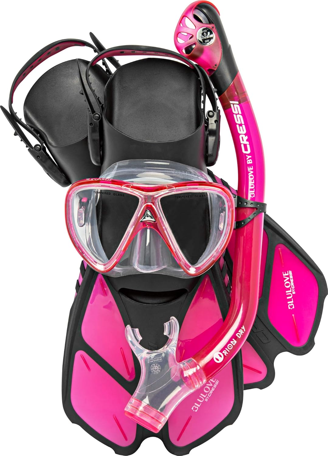 Cressi Adult Snorkel Set (Mask, Dry Snorkel, Adjustable Fins) - Light for Travel - Bonete Pro Dry Set: Designed in Italy Translucent Pink S/M | US Man 4.5/8.5 | US Lady 5/9.5 | EU 36/41