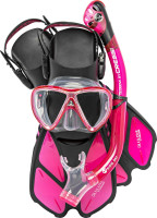 Cressi Adult Snorkel Set (Mask, Dry Snorkel, Adjustable Fins) - Light for Travel - Bonete Pro Dry Set: Designed in Italy Translucent Pink S/M | US Man 4.5/8.5 | US Lady 5/9.5 | EU 36/41