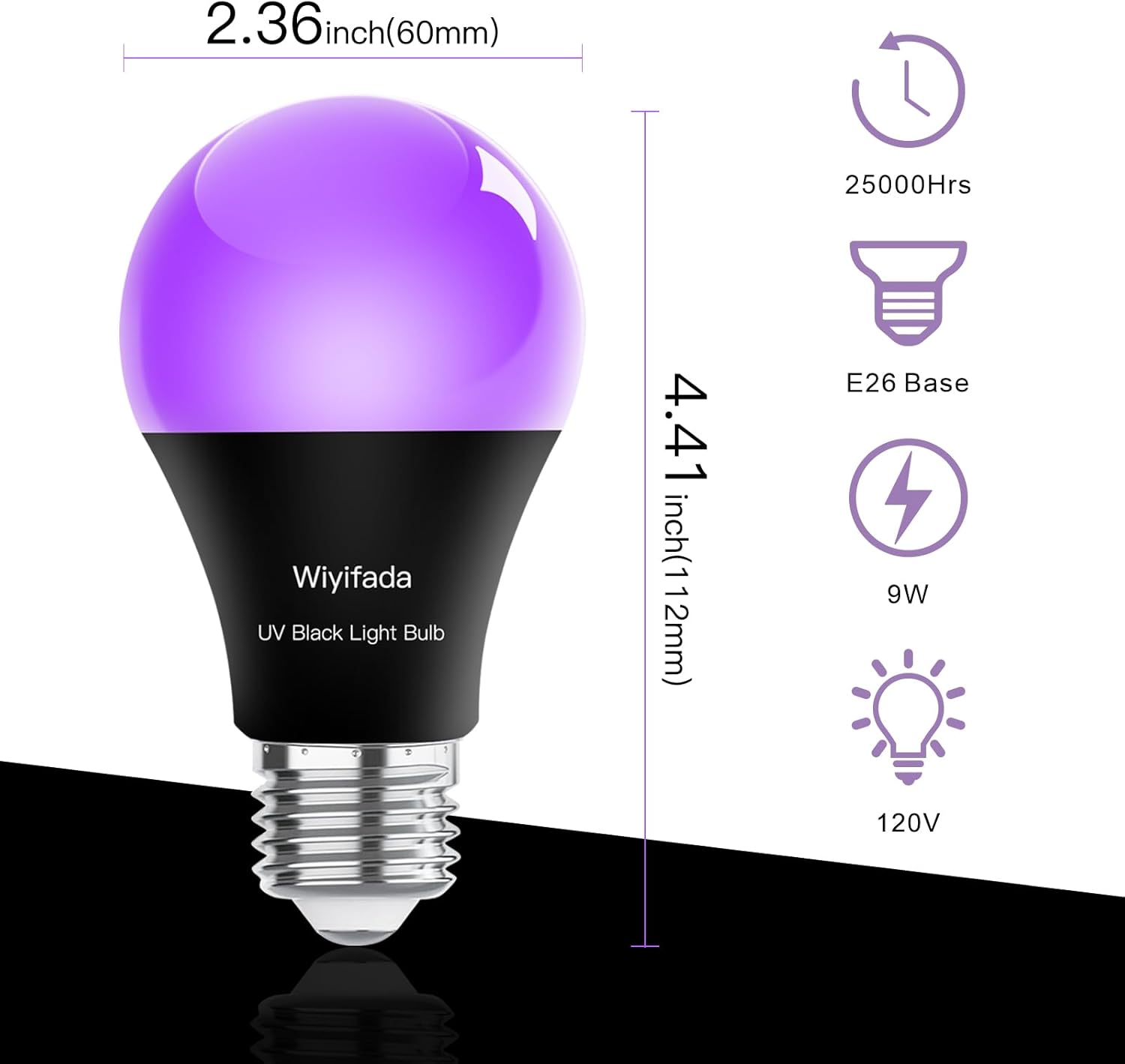LED Black Light Bulbs 2 Pack, A19 9W UV Black Light Replace Up to 100W, 120V E26 Base UVA Level 385-400nm, Glow in The Dark for Body Pain, Blacklights Party, Halloween