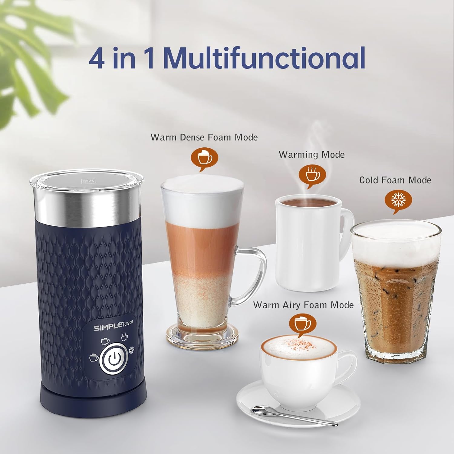 SIMPLETASTE Milk Frother, 4-in-1 Electric Milk Steamer, Automatic Warm and Cold Foam Maker and Milk Warmer for Latte, Cappuccinos, Macchiato Blue