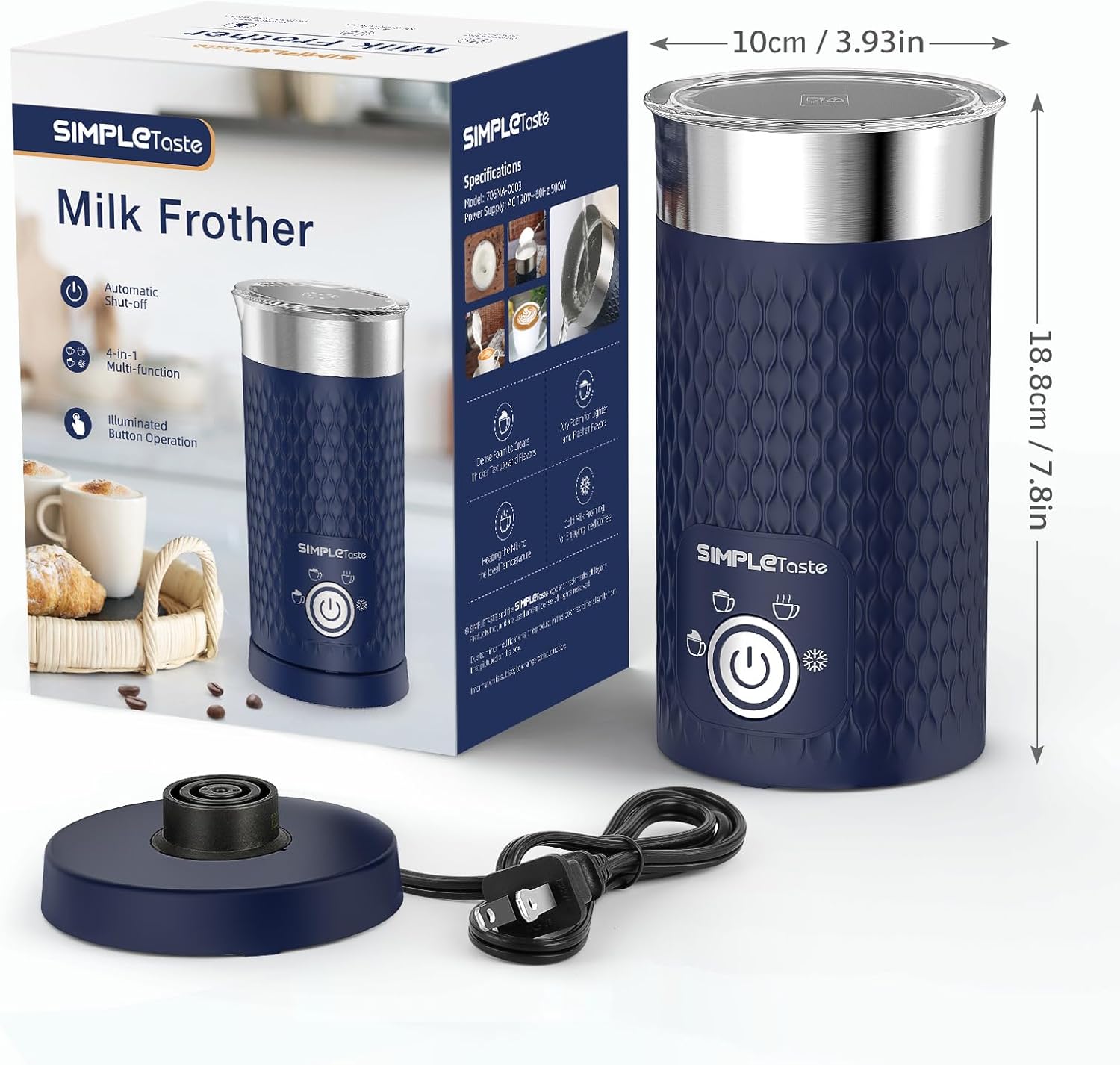 SIMPLETASTE Milk Frother, 4-in-1 Electric Milk Steamer, Automatic Warm and Cold Foam Maker and Milk Warmer for Latte, Cappuccinos, Macchiato Blue