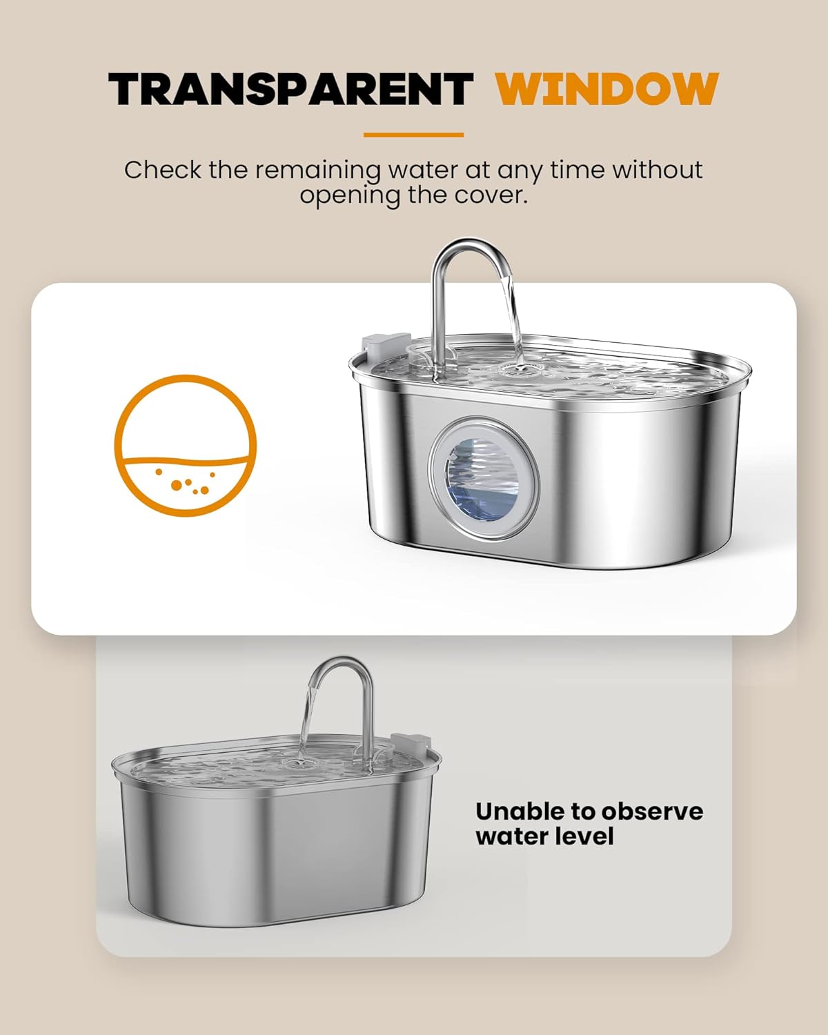 Cat Water Fountain Stainless Steel: 108oz/3.2L pet Water Fountain - Water Fountain for Cats Inside with Water Level Window - Faucet cat Fountain - Quiet Pump - for Dogs and Cats - SOOFPET