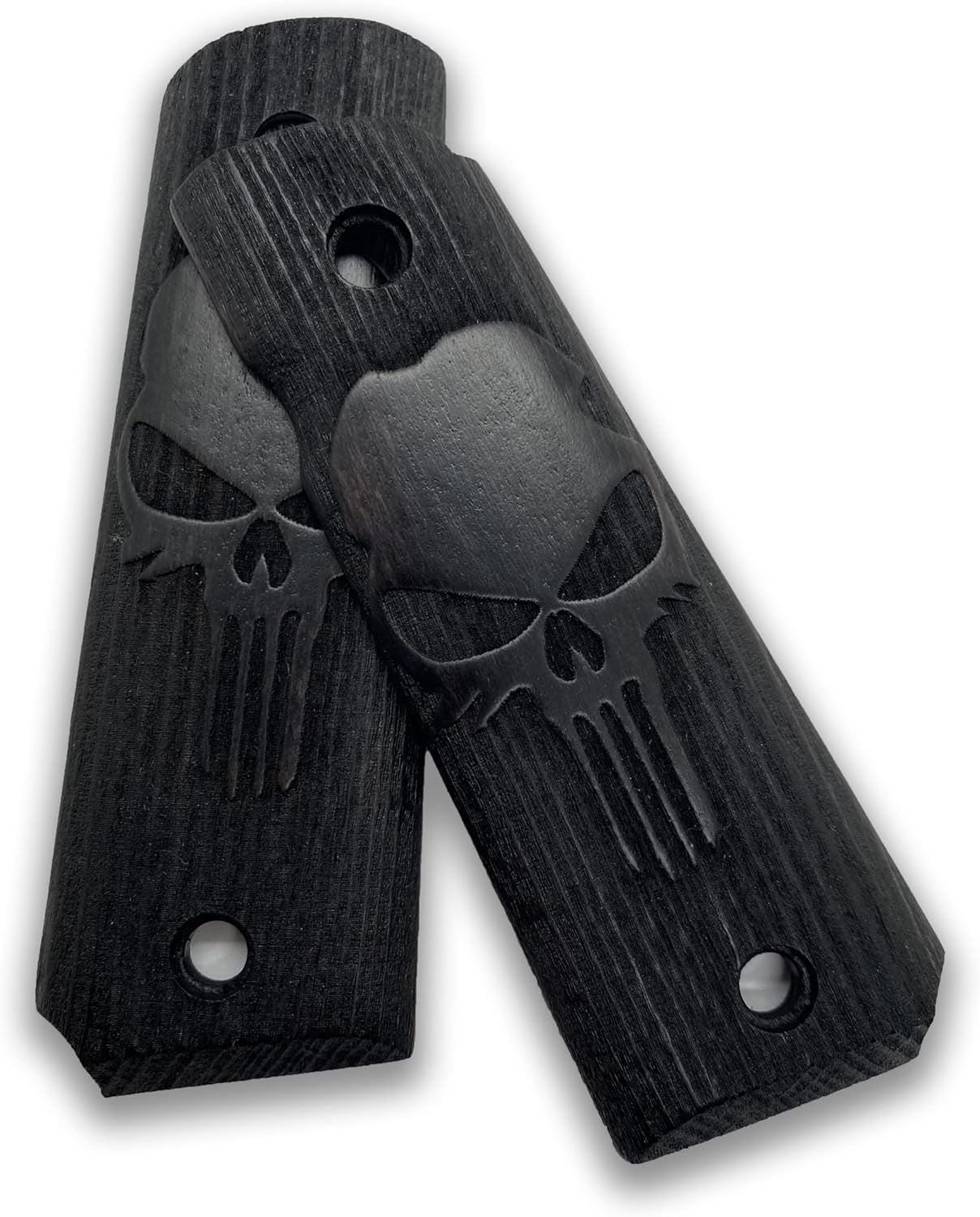 1911 Full-Size Wood Grips, Classic Skull Engraving – Grip Panels for Government/Commander, 1911 Accessories Ambi‑Safety Cut Punisher Grip (Elegance Black)
