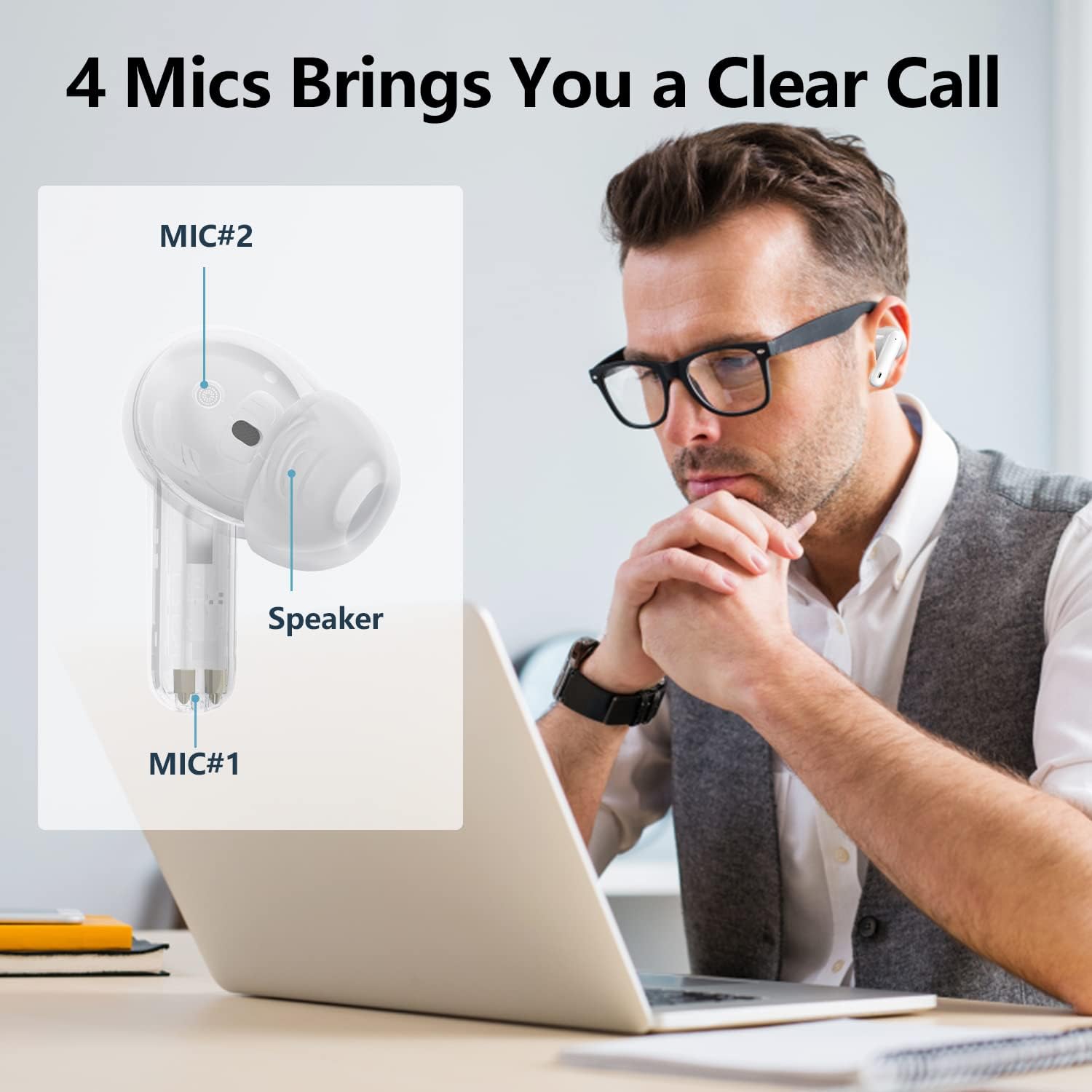 A40 Pro Wireless Earbuds, 50Hrs Playtime Bluetooth Earbuds Built in Noise Cancellation Mic with Charging Case, Bluetooth Headphones with Stereo Sound, IPX7 Waterproof Ear Buds for Phone