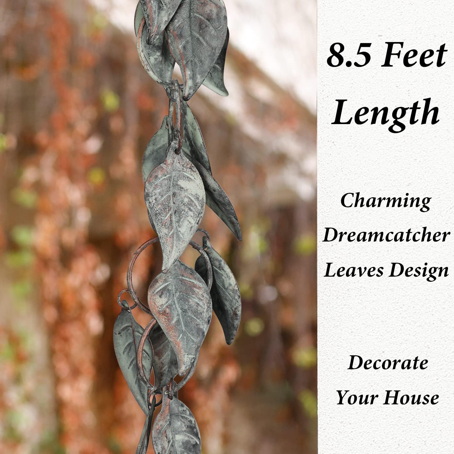 8.5 FT Rain Chain, Rain Chains for Gutters, Metal Rain Chain Downspouts, Circle with Leaves Rain Gutter Chains, Metal Rain Catcher for Outside, Decorative Your House and Garden, Verdigris Leaves Verdigris