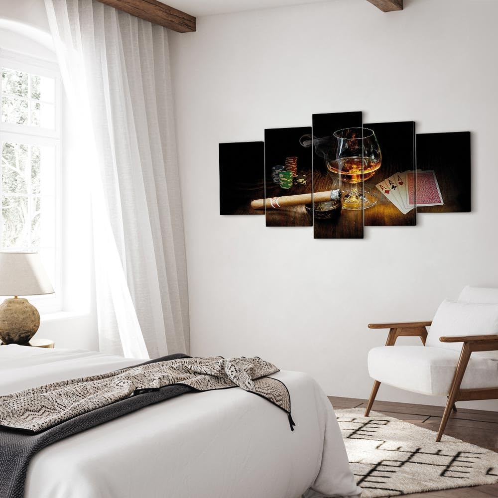 artgeist Canvas Wall Art Print Whisky Cigar Poker 80x40 in - 5pcs Home Decor Framed Stretched Picture Photo Painting Artwork Image Drinks Bar i-A-0101-b-n 80