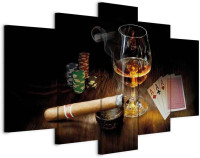 artgeist Canvas Wall Art Print Whisky Cigar Poker 80x40 in - 5pcs Home Decor Framed Stretched Picture Photo Painting Artwork Image Drinks Bar i-A-0101-b-n 80