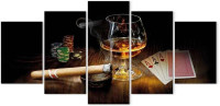 artgeist Canvas Wall Art Print Whisky Cigar Poker 80x40 in - 5pcs Home Decor Framed Stretched Picture Photo Painting Artwork Image Drinks Bar i-A-0101-b-n 80