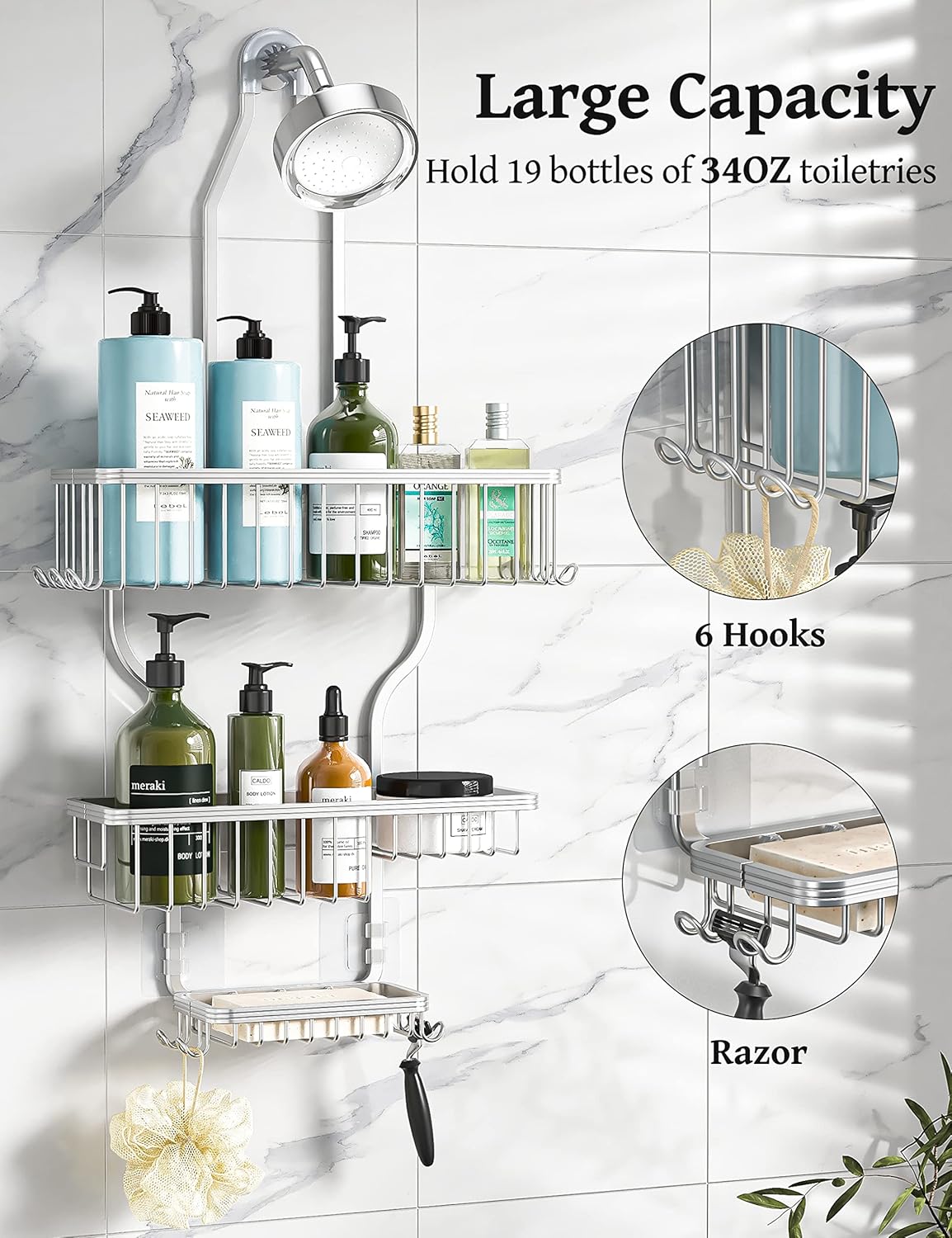YASONIC Shower Caddy Hanging - Never Rust Shower Organizer - Aluminum Over The Shower Head Caddy with 10 Hooks for Razor/Sponge - Shower Rack with Soap Basket - Silver