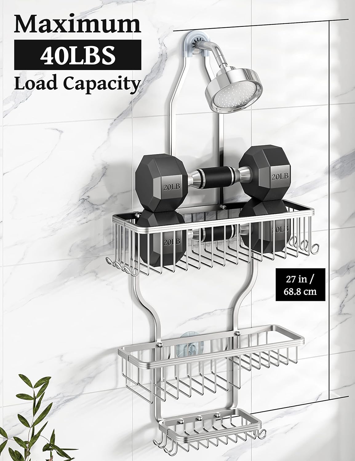 YASONIC Shower Caddy Hanging - Never Rust Shower Organizer - Aluminum Over The Shower Head Caddy with 10 Hooks for Razor/Sponge - Shower Rack with Soap Basket - Silver