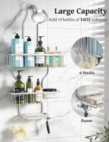 YASONIC Shower Caddy Hanging - Never Rust Shower Organizer - Aluminum Over The Shower Head Caddy with 10 Hooks for Razor/Sponge - Shower Rack with Soap Basket - Silver