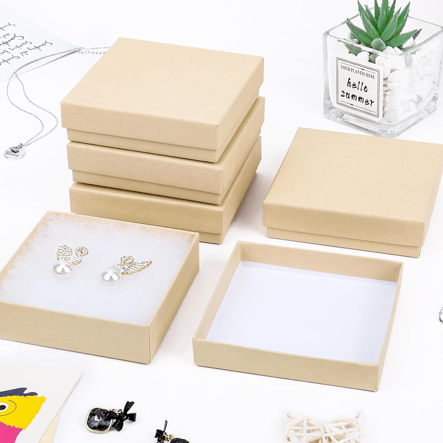 Jewelry Boxes, Cardboard Jewelry Gift Boxes, 40 Pack 3.5x3.5x1 Inch, Bulk Cotton Filled Small Jewelry Boxes with Lids for Necklace Ring Bracelet Earring Display Box (Brown) 40 Brown
