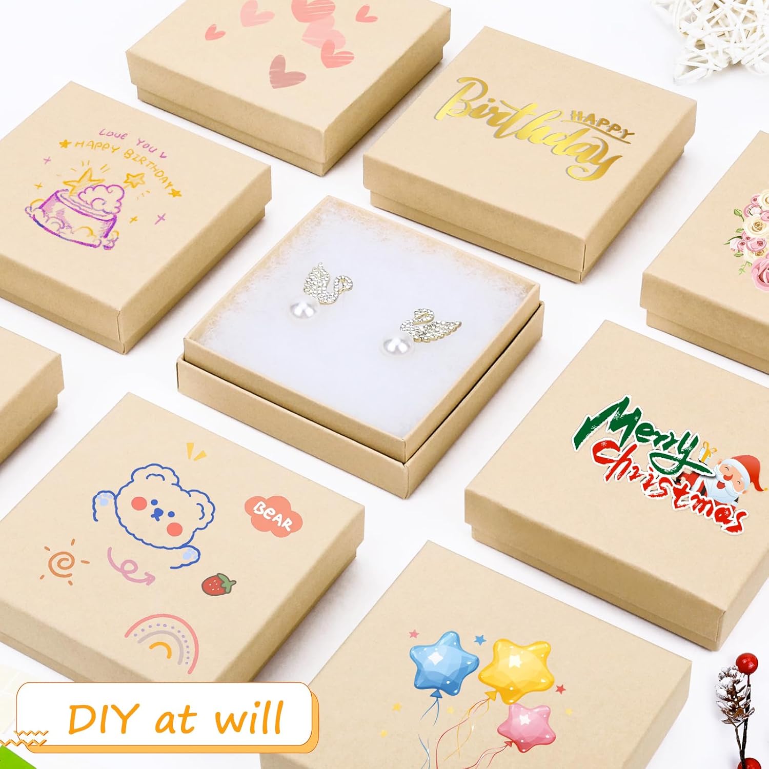 Jewelry Boxes, Cardboard Jewelry Gift Boxes, 40 Pack 3.5x3.5x1 Inch, Bulk Cotton Filled Small Jewelry Boxes with Lids for Necklace Ring Bracelet Earring Display Box (Brown) 40 Brown