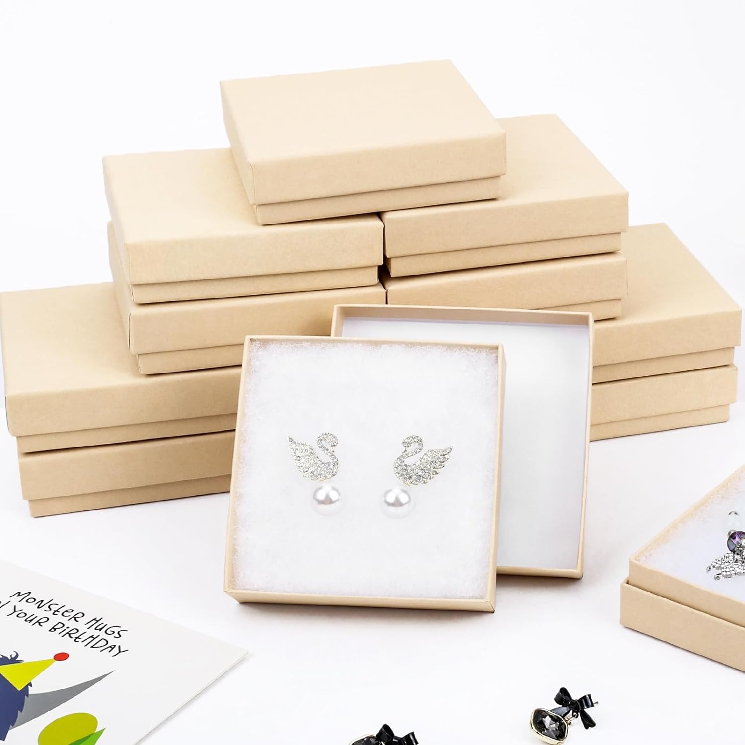 Jewelry Boxes, Cardboard Jewelry Gift Boxes, 40 Pack 3.5x3.5x1 Inch, Bulk Cotton Filled Small Jewelry Boxes with Lids for Necklace Ring Bracelet Earring Display Box (Brown) 40 Brown