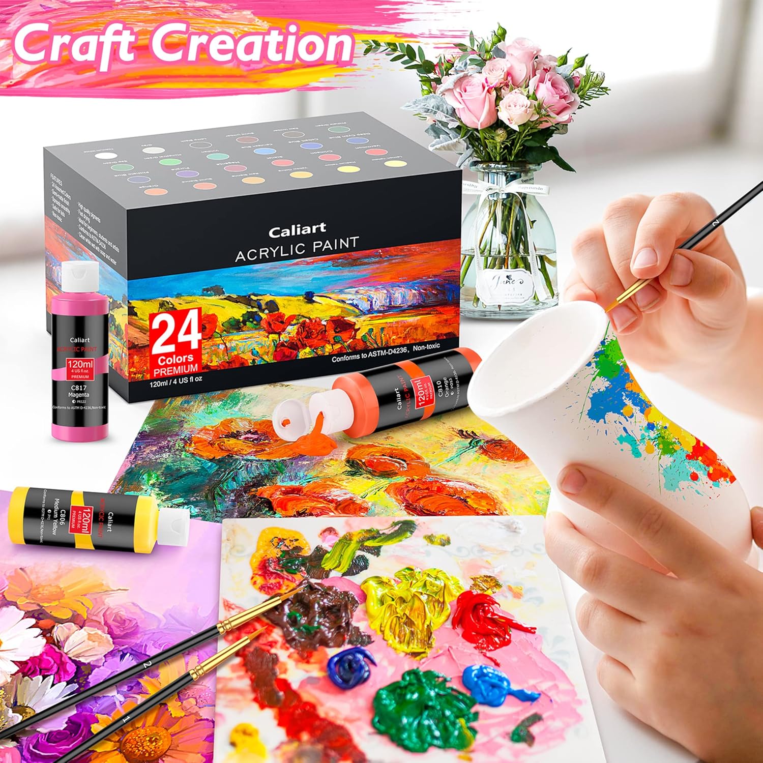 Caliart Acrylic Paint Set with 12 Brushes, 24 Colors (120ml, 4oz) Art Craft Paints for Artists Kids Students Beginners & Painters, Canvas Ceramic Wood Rock Painting Art Supplies Kit 4 Fl Oz (Pack of 24) Multicolor