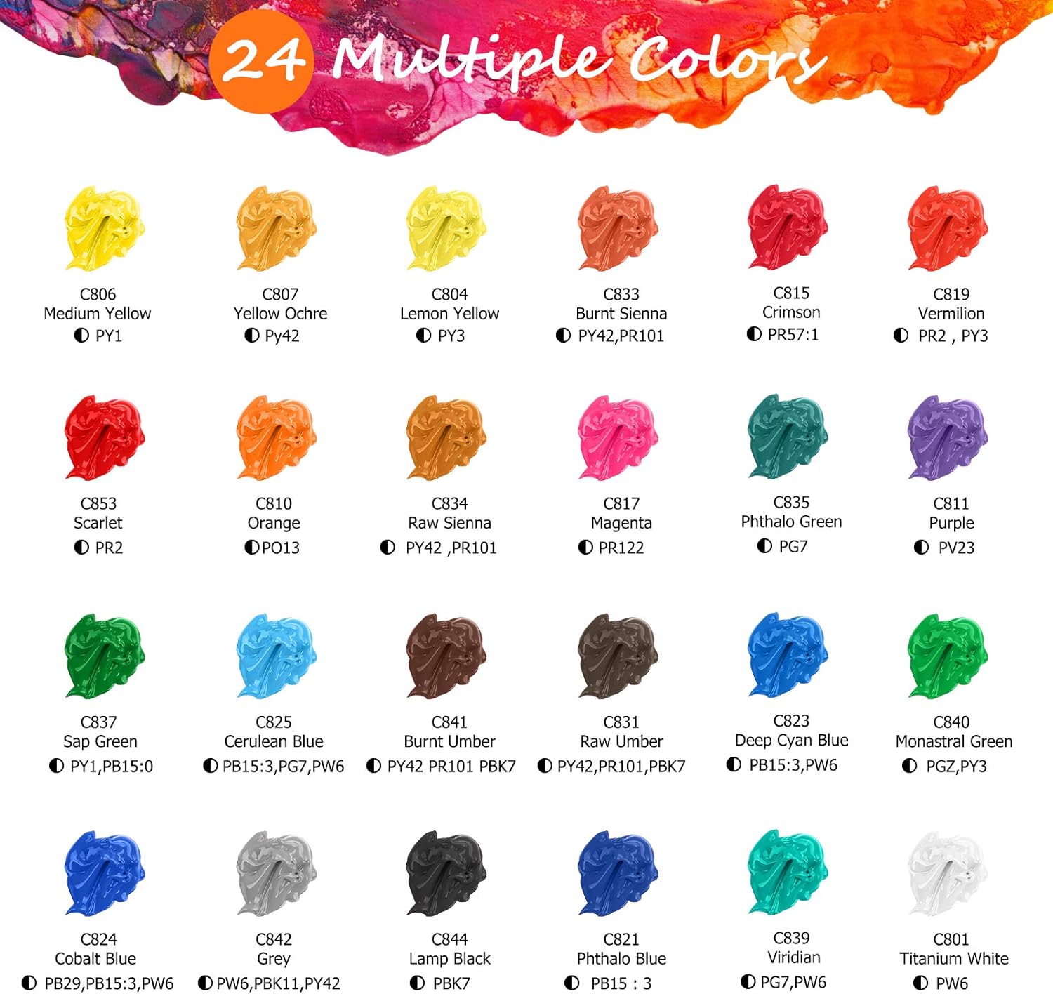 Caliart Acrylic Paint Set with 12 Brushes, 24 Colors (120ml, 4oz) Art Craft Paints for Artists Kids Students Beginners & Painters, Canvas Ceramic Wood Rock Painting Art Supplies Kit 4 Fl Oz (Pack of 24) Multicolor