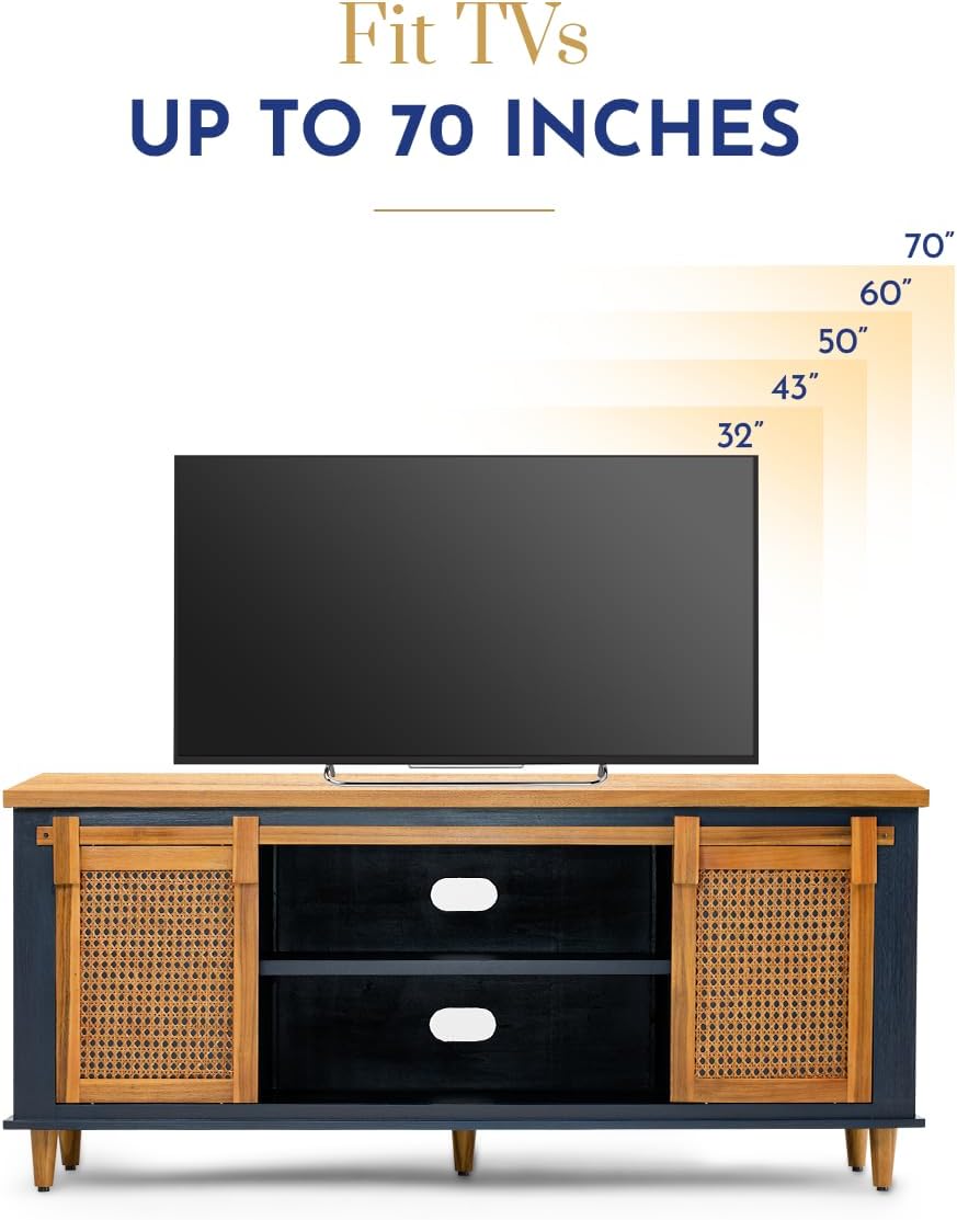 Bme Premium Arvid TV Console Table, Pre-Assembled Entertainment Center for up to 70 inch TV, Solid Wood TV Table with Rattan Sliding Doors, Media Console