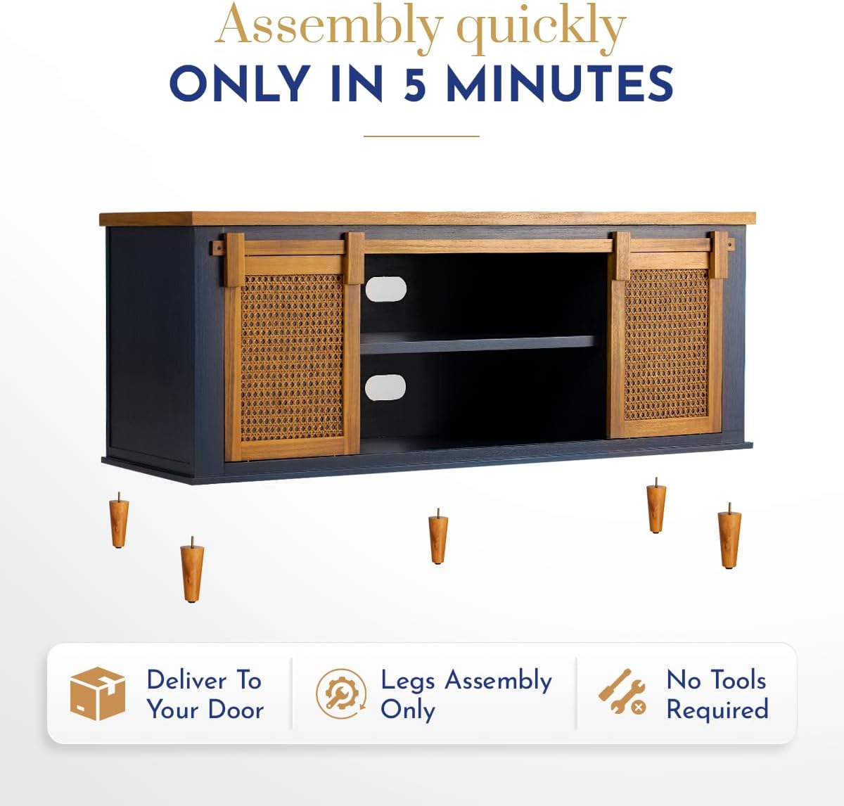 Bme Premium Arvid TV Console Table, Pre-Assembled Entertainment Center for up to 70 inch TV, Solid Wood TV Table with Rattan Sliding Doors, Media Console
