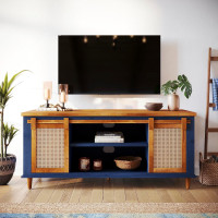 Bme Premium Arvid TV Console Table, Pre-Assembled Entertainment Center for up to 70 inch TV, Solid Wood TV Table with Rattan Sliding Doors, Media Console
