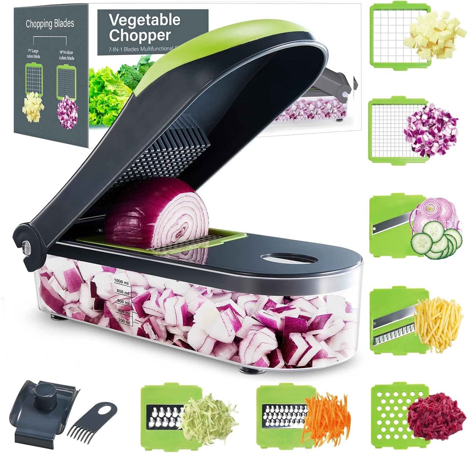 Kitexpert Vegetable Chopper, Onion Chopper Dicer Veggie Chopper with 7 Blades and Container, 7-in-1 Chopper Vegetable Cutter, Kitchen Vegetable Slicer Dicer Cutter Food Chopper (Grey)