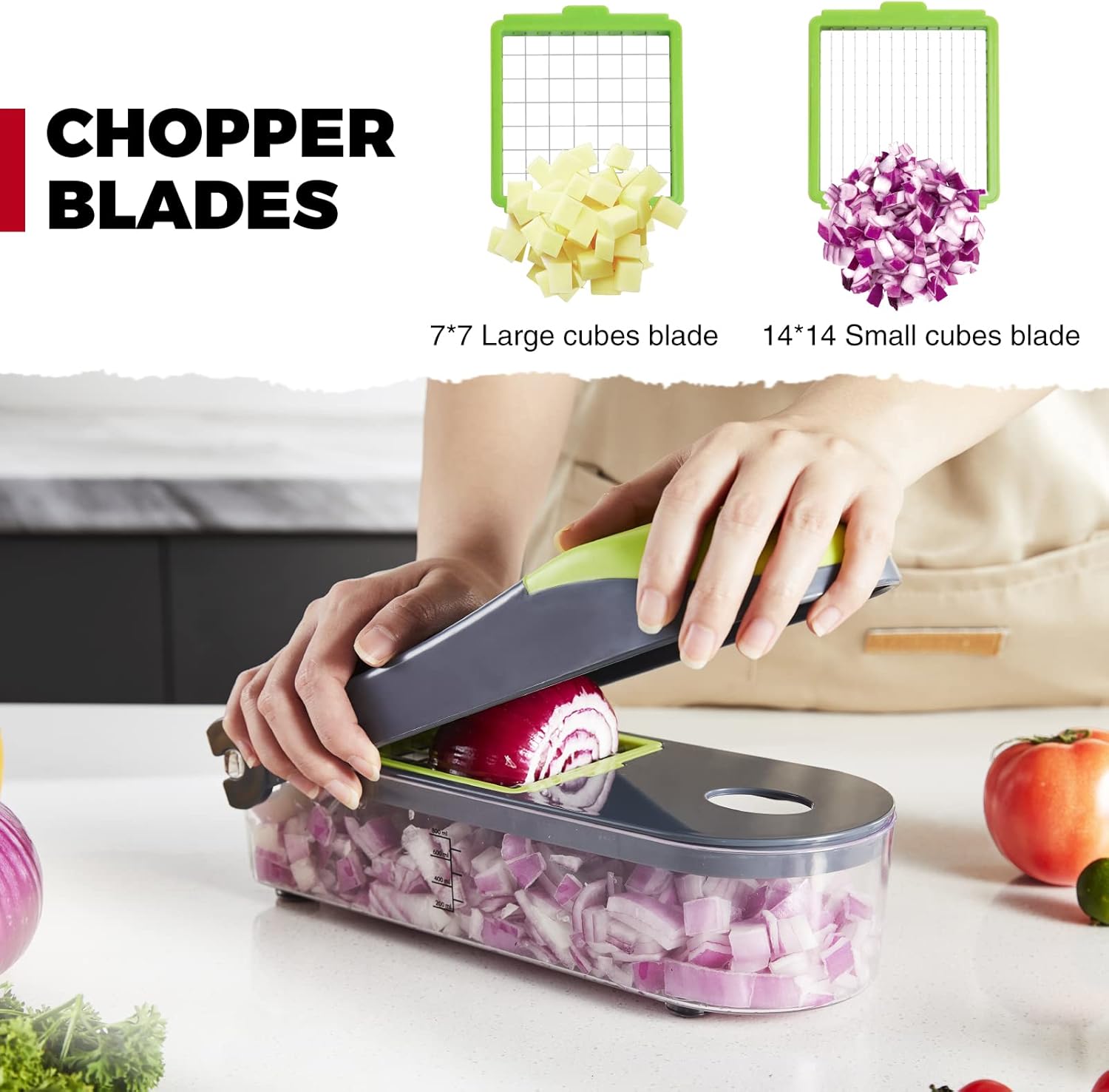 Kitexpert Vegetable Chopper, Onion Chopper Dicer Veggie Chopper with 7 Blades and Container, 7-in-1 Chopper Vegetable Cutter, Kitchen Vegetable Slicer Dicer Cutter Food Chopper (Grey)