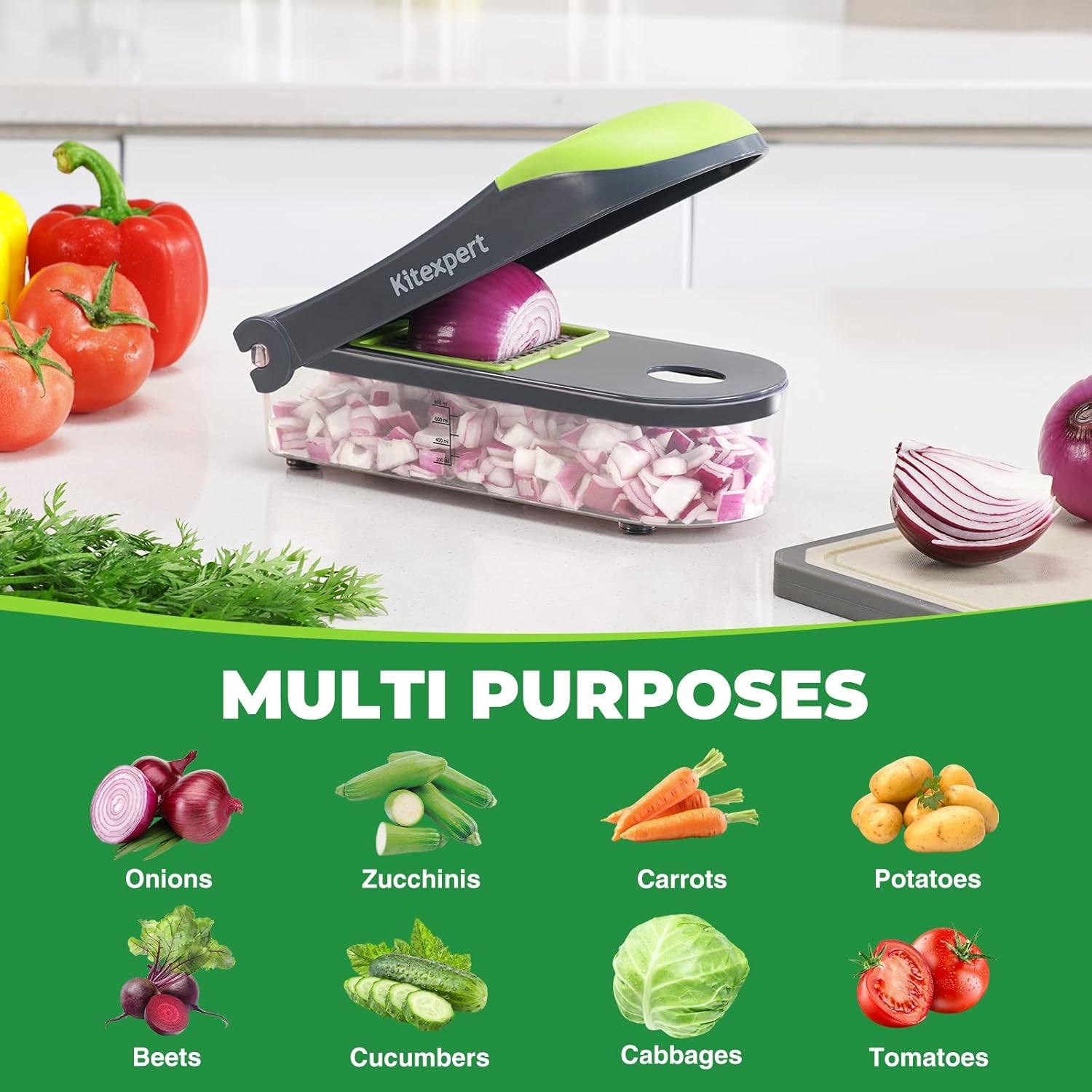 Kitexpert Vegetable Chopper, Onion Chopper Dicer Veggie Chopper with 7 Blades and Container, 7-in-1 Chopper Vegetable Cutter, Kitchen Vegetable Slicer Dicer Cutter Food Chopper (Grey)