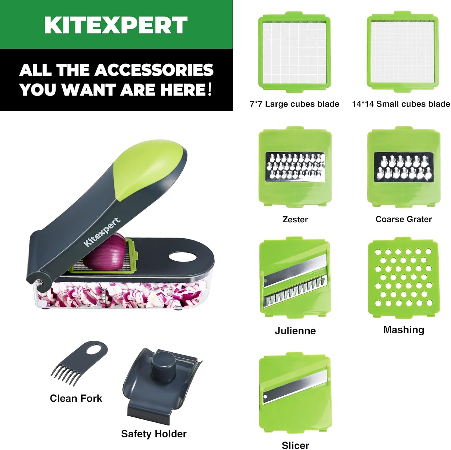 Kitexpert Vegetable Chopper, Onion Chopper Dicer Veggie Chopper with 7 Blades and Container, 7-in-1 Chopper Vegetable Cutter, Kitchen Vegetable Slicer Dicer Cutter Food Chopper (Grey)