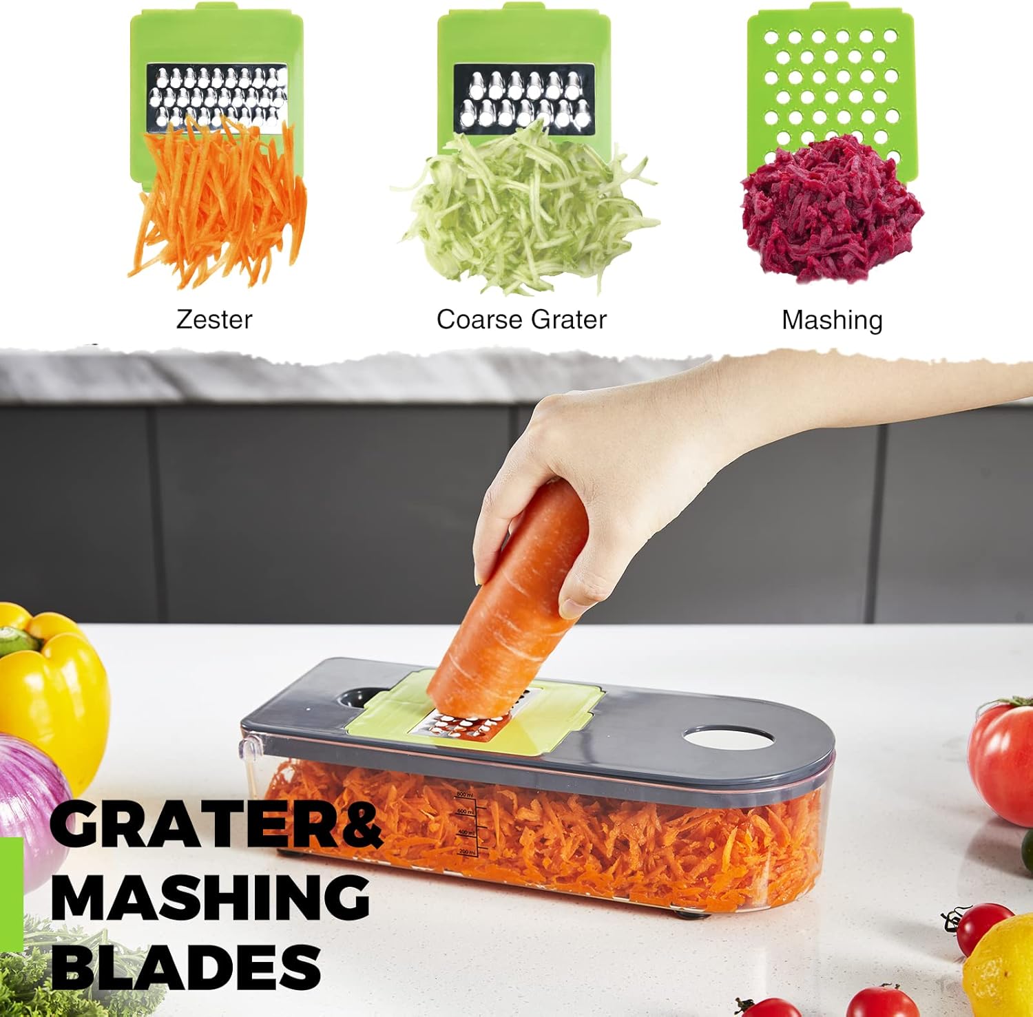 Kitexpert Vegetable Chopper, Onion Chopper Dicer Veggie Chopper with 7 Blades and Container, 7-in-1 Chopper Vegetable Cutter, Kitchen Vegetable Slicer Dicer Cutter Food Chopper (Grey)