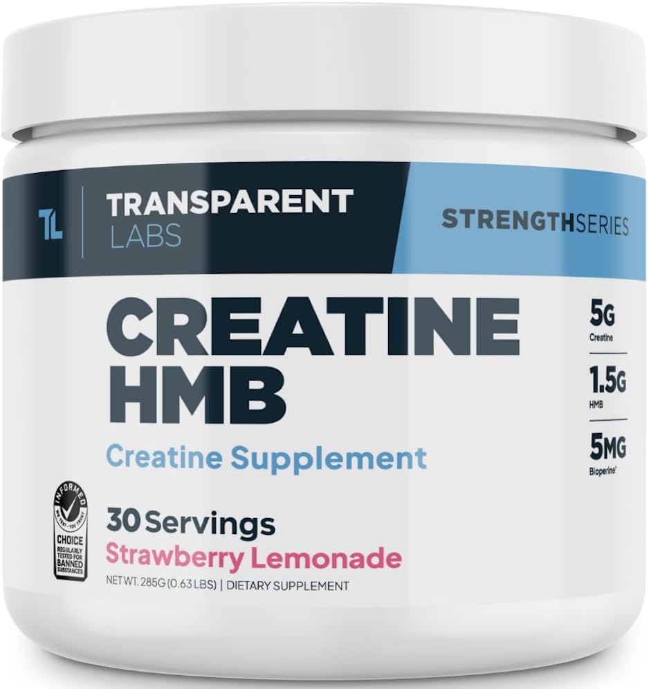 Transparent Labs Creatine HMB - Creatine Monohydrate Powder with HMB for Muscle Growth, Increased Strength, Enhanced Energy Output, and Improved Athletic Performance - 30 Servings, Strawberry Lemonade