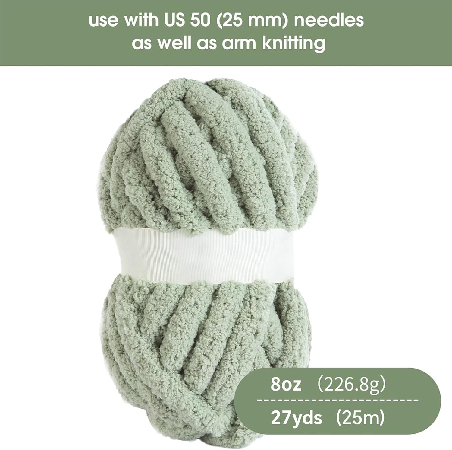 HOMBYS Sage Green Chunky Chenille Yarn for Crocheting, Bulky Thick Fluffy Yarn for Knitting,Super Bulky Chunky Yarn for Hand Knitting Blanket, Soft Plush, 8 Jumbo Pack (27 yds,8 oz Each Skein) Sage Green 8 Pack