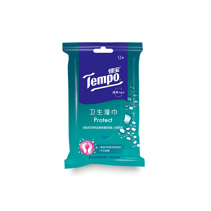 Tempo Debao Sanitary Wipe Small Bag 12 Pack Home Refreshing, Non Sticky, Alcohol Free, Mild, and Non irritating