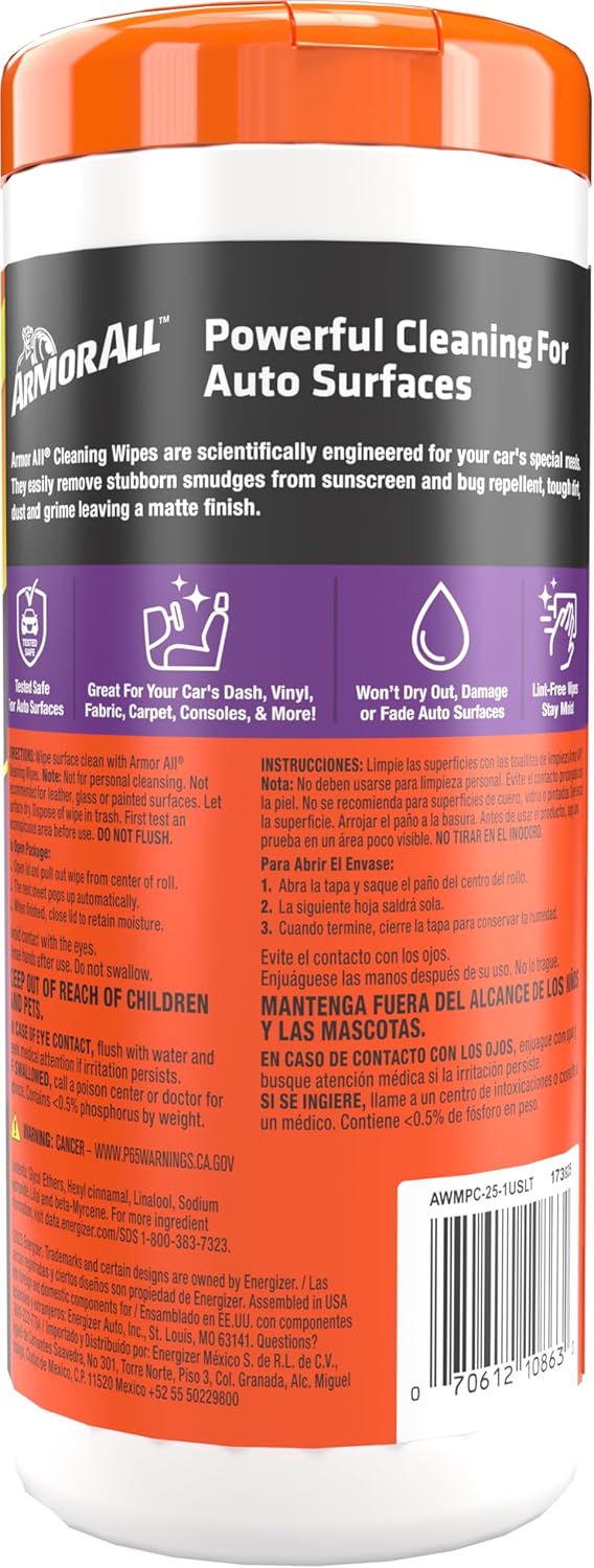 Armor All Interior Car Cleaning Wipes, 25 Count Canister, Powerful Cleaning for Dashboards, Vinyl, Clear Plastics, Carpet and Fabric 25 Count (Pack of 1)