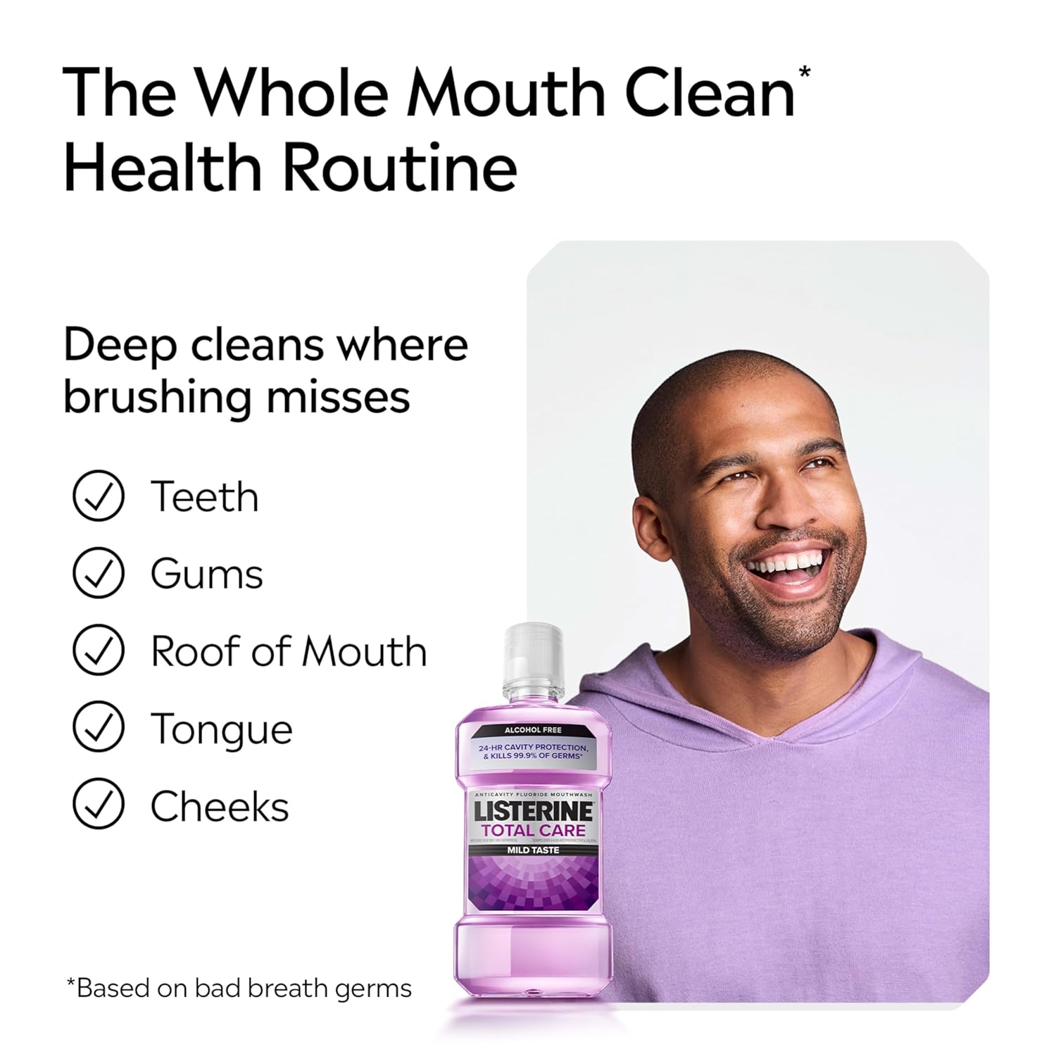 Listerine Total Care Alcohol-Free Anticavity Fluoride Mouthwash, 6 Benefit Oral Rinse to Help Kill 99% of Germs That Cause Bad Breath, Strengthen Enamel, Fresh Mint Flavor, 500 mL 16.9 Fl Oz (Pack of 1)