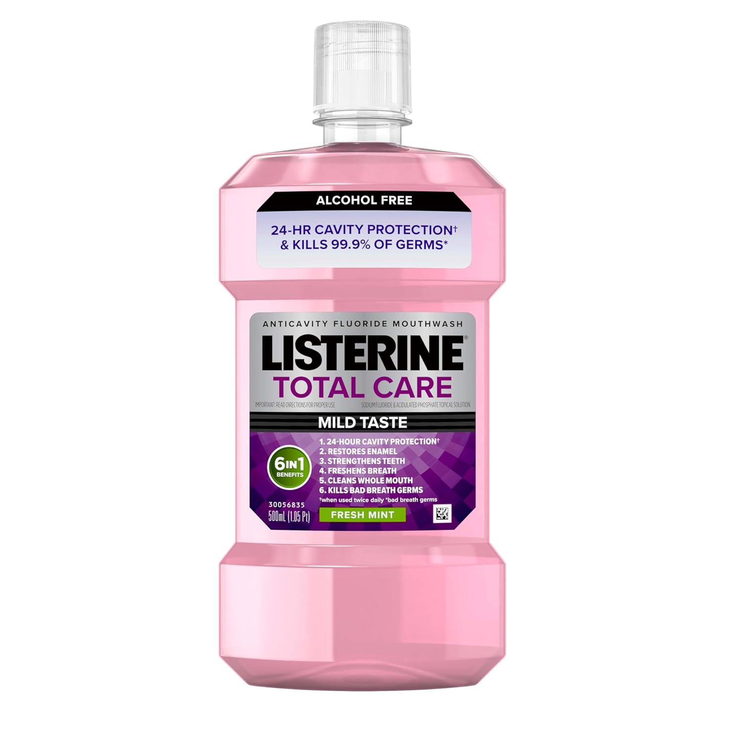 Listerine Total Care Alcohol-Free Anticavity Fluoride Mouthwash, 6 Benefit Oral Rinse to Help Kill 99% of Germs That Cause Bad Breath, Strengthen Enamel, Fresh Mint Flavor, 500 mL 16.9 Fl Oz (Pack of 1)