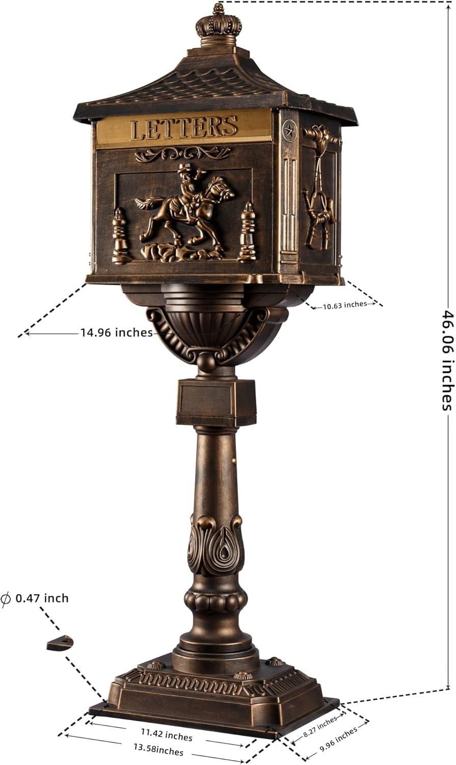 Mailbox Rustproof Cast Aluminum Locking Security Post Mount Mail Box, Large, Bronze