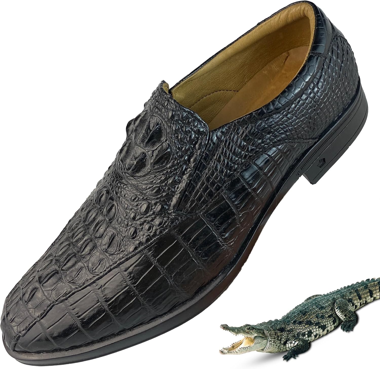 Mens Alligator Leather Loafer Moccasin Driving Boat Shoes Comfortable Crocodile Exotic Skin Slip-On Casual Dress Shoes 9 Slip-on Loafer-croc Hornback-black