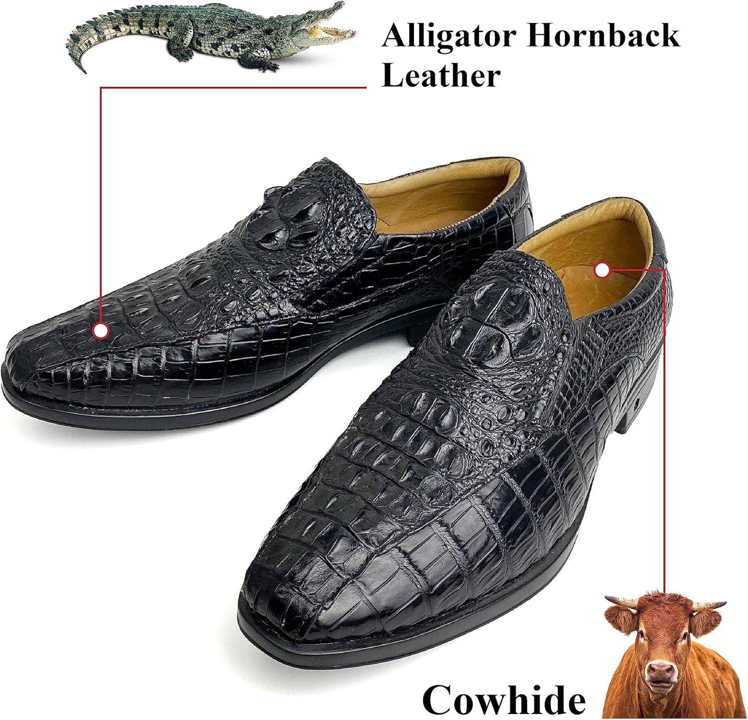 Mens Alligator Leather Loafer Moccasin Driving Boat Shoes Comfortable Crocodile Exotic Skin Slip-On Casual Dress Shoes 9 Slip-on Loafer-croc Hornback-black