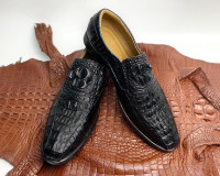 Mens Alligator Leather Loafer Moccasin Driving Boat Shoes Comfortable Crocodile Exotic Skin Slip-On Casual Dress Shoes 9 Slip-on Loafer-croc Hornback-black